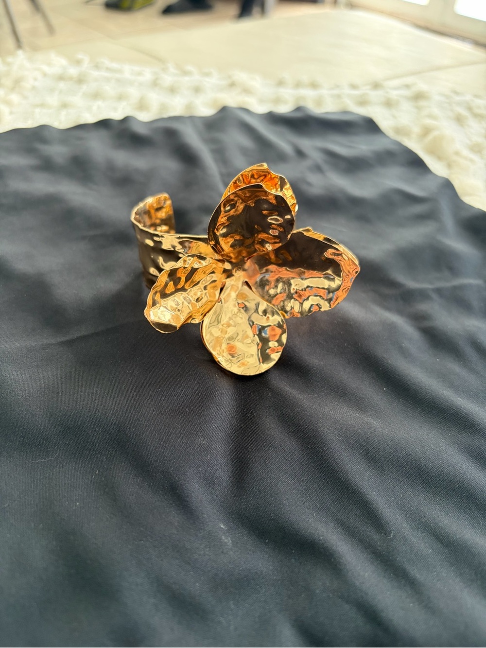 Hammered Gold Floral Cuff Bracelet - Women Jewelry